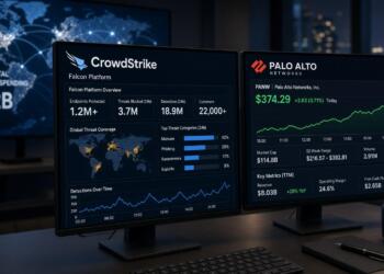 Monitores con paneles de control de CrowdStrike y cotizaciones bursátiles de Palo Alto.