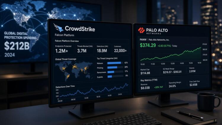 Monitores con paneles de control de CrowdStrike y cotizaciones bursátiles de Palo Alto.