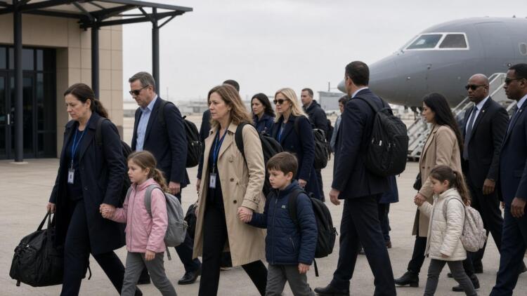 Un grupo de adultos y niños caminan por una pista de aterrizaje junto a un avión.