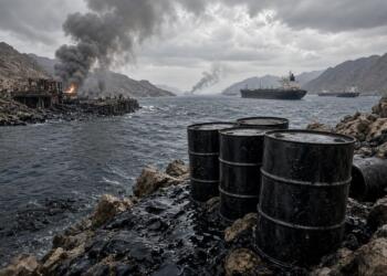 Barriles de petróleo en el estrecho de Ormuz con humo de ataques.