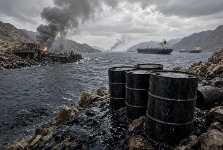 Barriles de petróleo en el estrecho de Ormuz con humo de ataques.