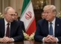 Putin y Trump sentados con la bandera de Irán al fondo.