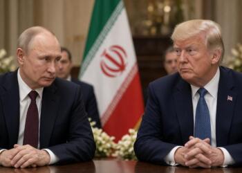Putin y Trump sentados con la bandera de Irán al fondo.