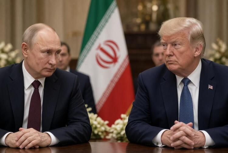 Putin y Trump sentados con la bandera de Irán al fondo.
