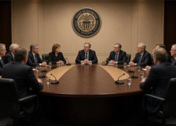 Miembros de la Junta de Gobernadores de la Reserva Federal reunidos en una sala.