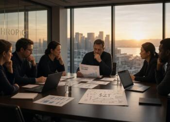 Ejecutivos reunidos en una sala de Anthropic revisan documentos financieros al atardecer.