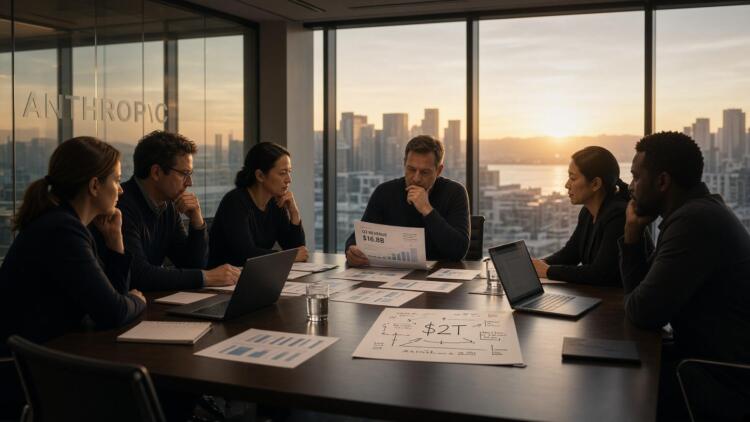 Ejecutivos reunidos en una sala de Anthropic revisan documentos financieros al atardecer.