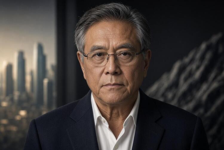 Retrato serio de Robert Kiyosaki con gafas y traje oscuro.