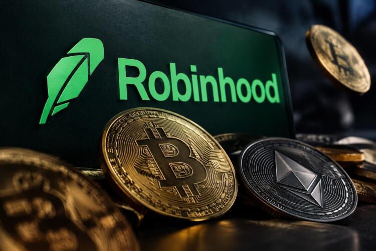 Logotipo de Robinhood junto a monedas de Bitcoin y Ethereum físicas.
