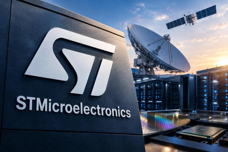 Logotipo de STMicroelectronics junto a un chip, servidores y antena satelital.