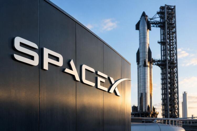 Logotipo de SpaceX en un hangar frente a un cohete en su plataforma.