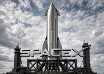 Logo de SpaceX frente a cohete Starship en plataforma de lanzamiento.