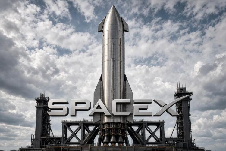 Logo de SpaceX frente a cohete Starship en plataforma de lanzamiento.