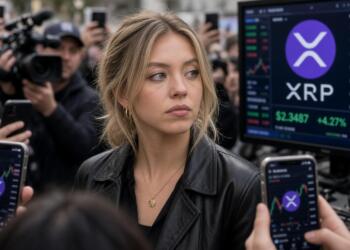 La actriz Sydney Sweeney en medio de la prensa con teléfonos y pantallas mostrando XRP.