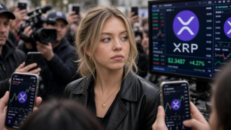 La actriz Sydney Sweeney en medio de la prensa con teléfonos y pantallas mostrando XRP.