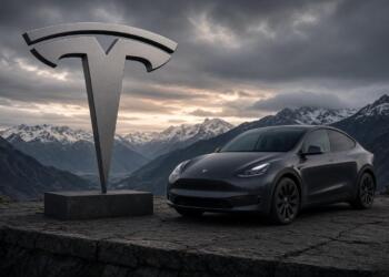 Logo escultórico de Tesla junto a un Model Y gris en montañas.