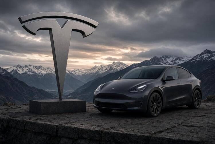 Logo escultórico de Tesla junto a un Model Y gris en montañas.