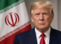 Donald Trump en primer plano con la bandera de Irán al fondo.