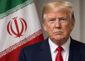 Donald Trump en primer plano con la bandera de Irán al fondo.