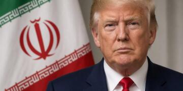 Donald Trump en primer plano con la bandera de Irán al fondo.