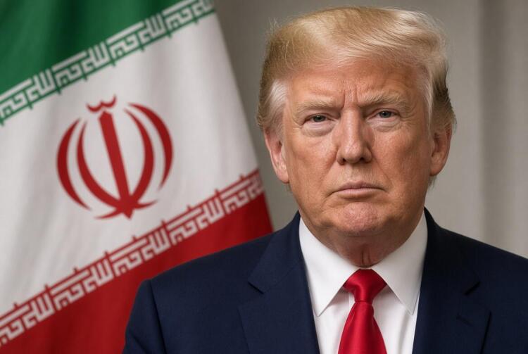 Donald Trump en primer plano con la bandera de Irán al fondo.