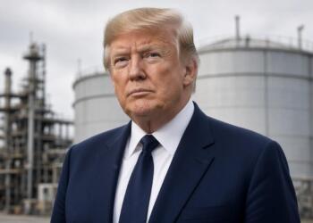 Trump con expresión firme frente a tanques de diésel y refinería.