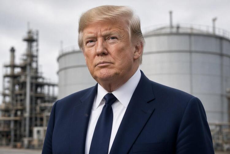 Trump con expresión firme frente a tanques de diésel y refinería.