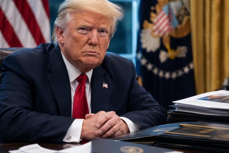 Donald Trump sentado ante documentos y carpetas en su escritorio.