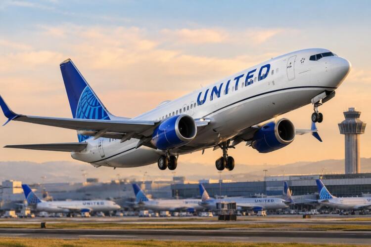 Avión de United Airlines despega mientras otros esperan en el aeropuerto.