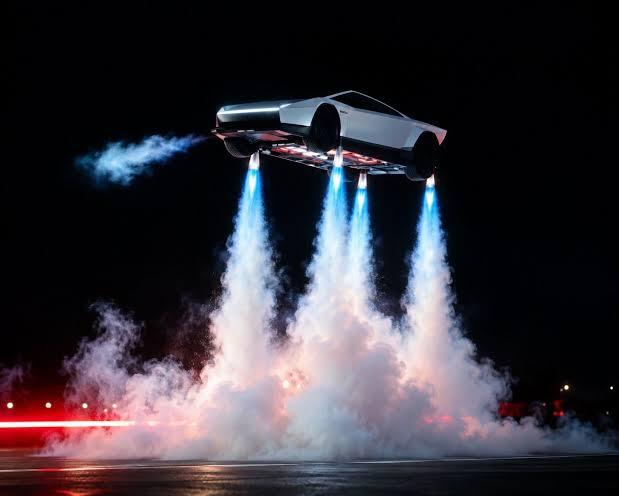 Tesla Roadster flota en el aire impulsado por potentes chorros de cohete.