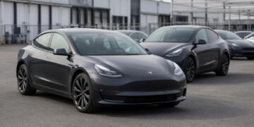 Varios vehículos Tesla estacionados en un patio industrial de entregas