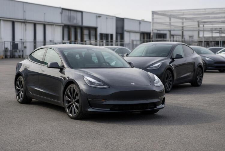 Varios vehículos Tesla estacionados en un patio industrial de entregas
