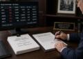 Directivo firma documentos de venta de acciones en su escritorio