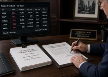 Directivo firma documentos de venta de acciones en su escritorio