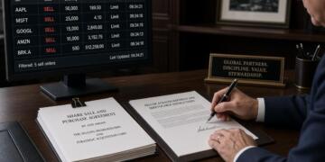Directivo firma documentos de venta de acciones en su escritorio