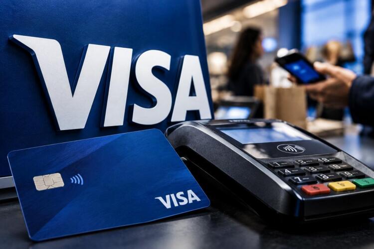 Logotipo de Visa junto a una tarjeta bancaria y un terminal de pago.