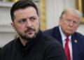 Zelenski expresa su rechazo mientras Trump aparece en segundo plano.