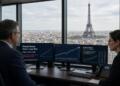 Dos analistas observan pantallas con datos de bonos de Francia frente a la Torre Eiffel.