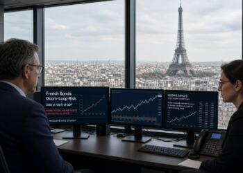 Dos analistas observan pantallas con datos de bonos de Francia frente a la Torre Eiffel.
