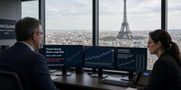 Dos analistas observan pantallas con datos de bonos de Francia frente a la Torre Eiffel.