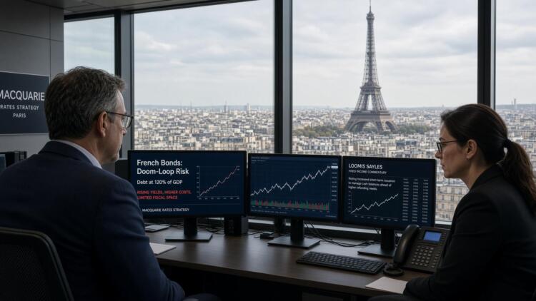 Dos analistas observan pantallas con datos de bonos de Francia frente a la Torre Eiffel.