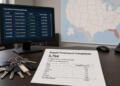 Documentos sobre ejecuciones hipotecarias, un llavero y un monitor con datos de estados.
